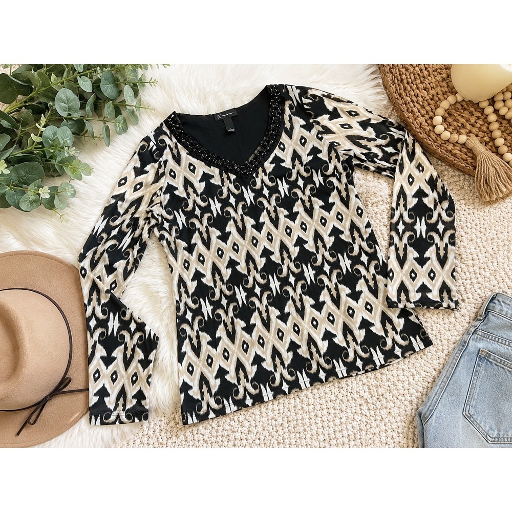 INC International Concepts Ikat Print Beaded V-Neck Mesh Top Black Tan Large